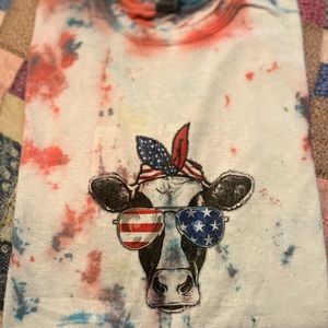 Red white and blue tie-dye cow patriotic T-shirt